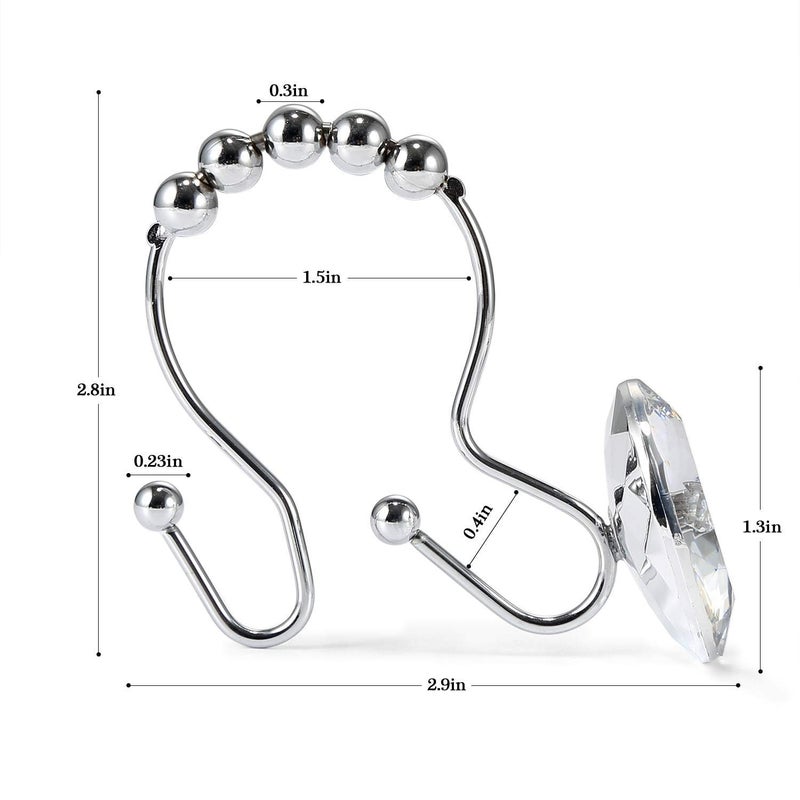 Goowin Shower Curtain Hooks, Crystal Shower Curtain Rings, Stainless Steel Shower Curtain Hangers, Metal Shower Rings for Curtain, Decorative Double Shower Hooks for Shower Curtain & Liner, Chrome - Image 3